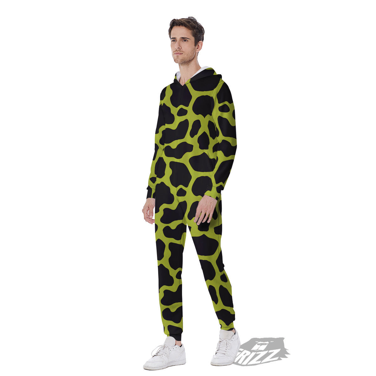 Cow Black And Lime Green Print Pattern Men's Jumpsuit-grizzshop