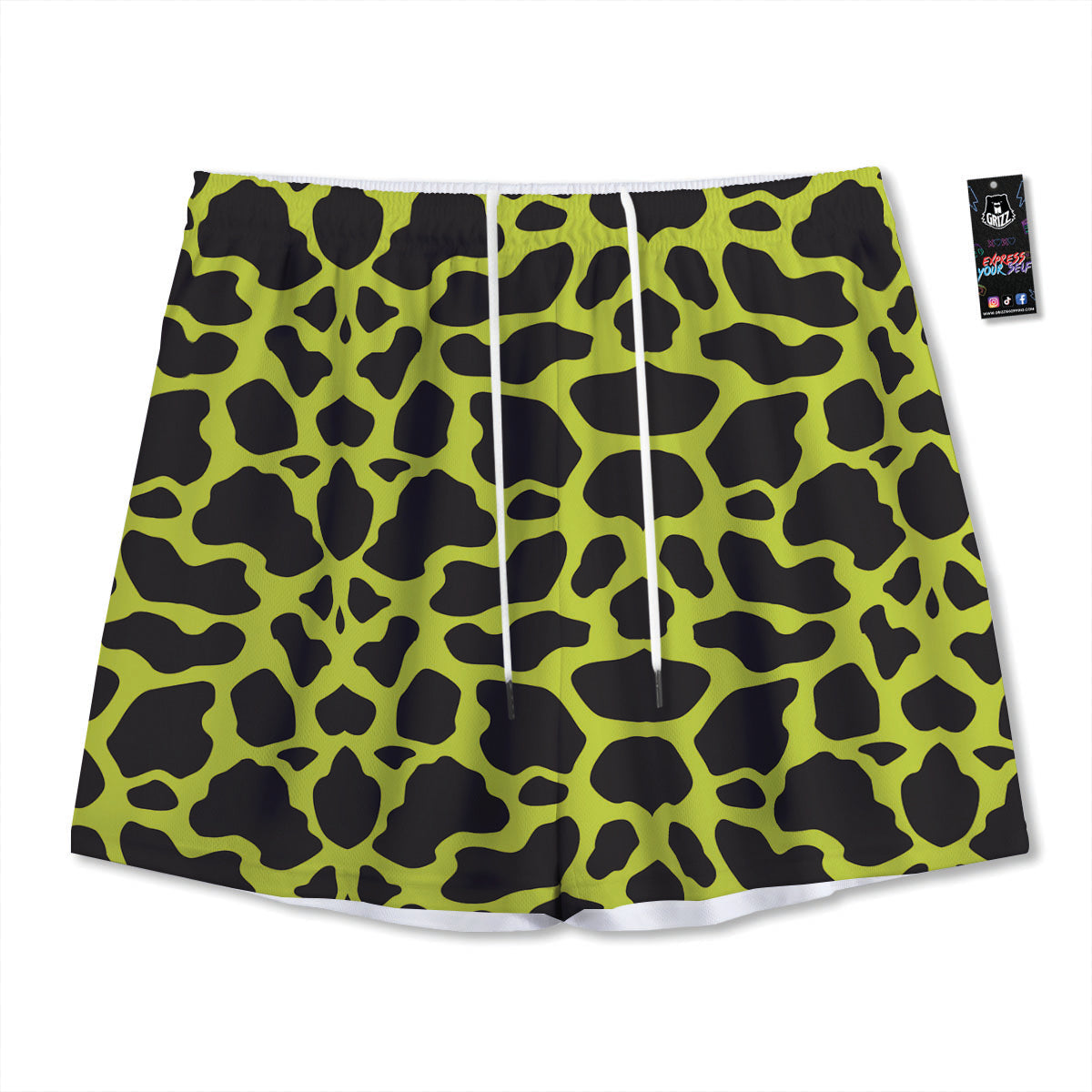 Cow Black And Lime Green Print Pattern Mesh Shorts