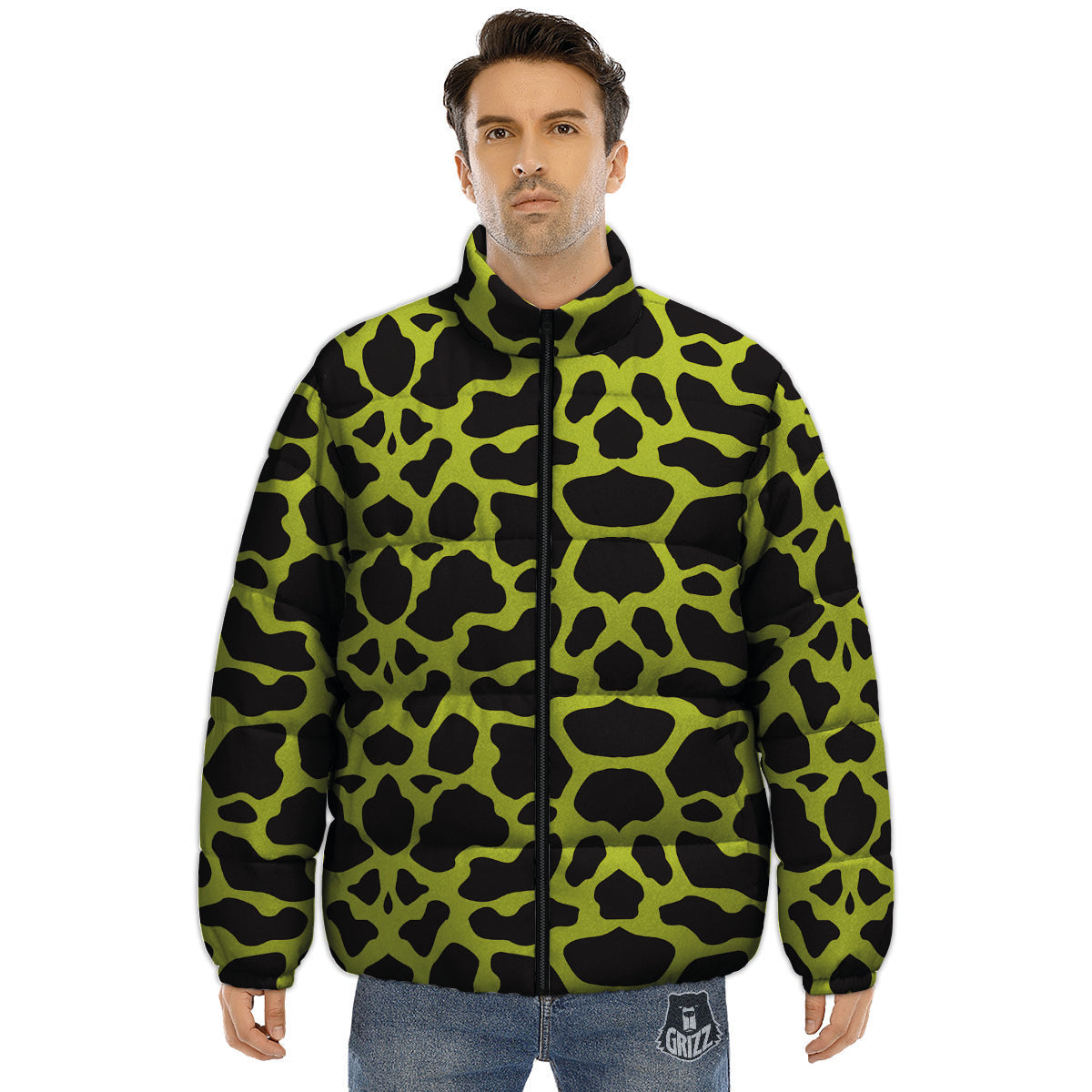 Cow Black And Lime Green Print Pattern Puffer Jacket-grizzshop