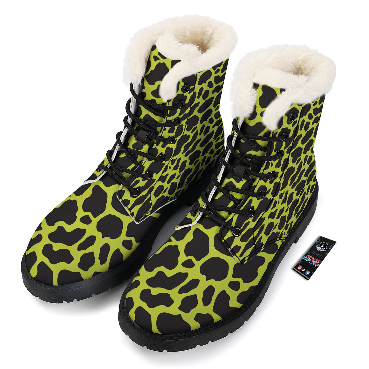 Cow Black And Lime Green Print Pattern Winter Boots-grizzshop