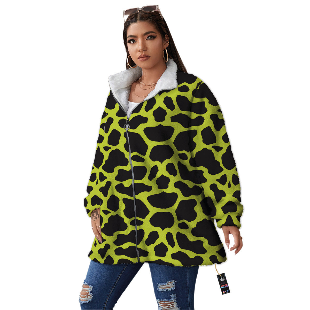 Cow Black And Lime Green Print Pattern Women's Sherpa Jacket-grizzshop
