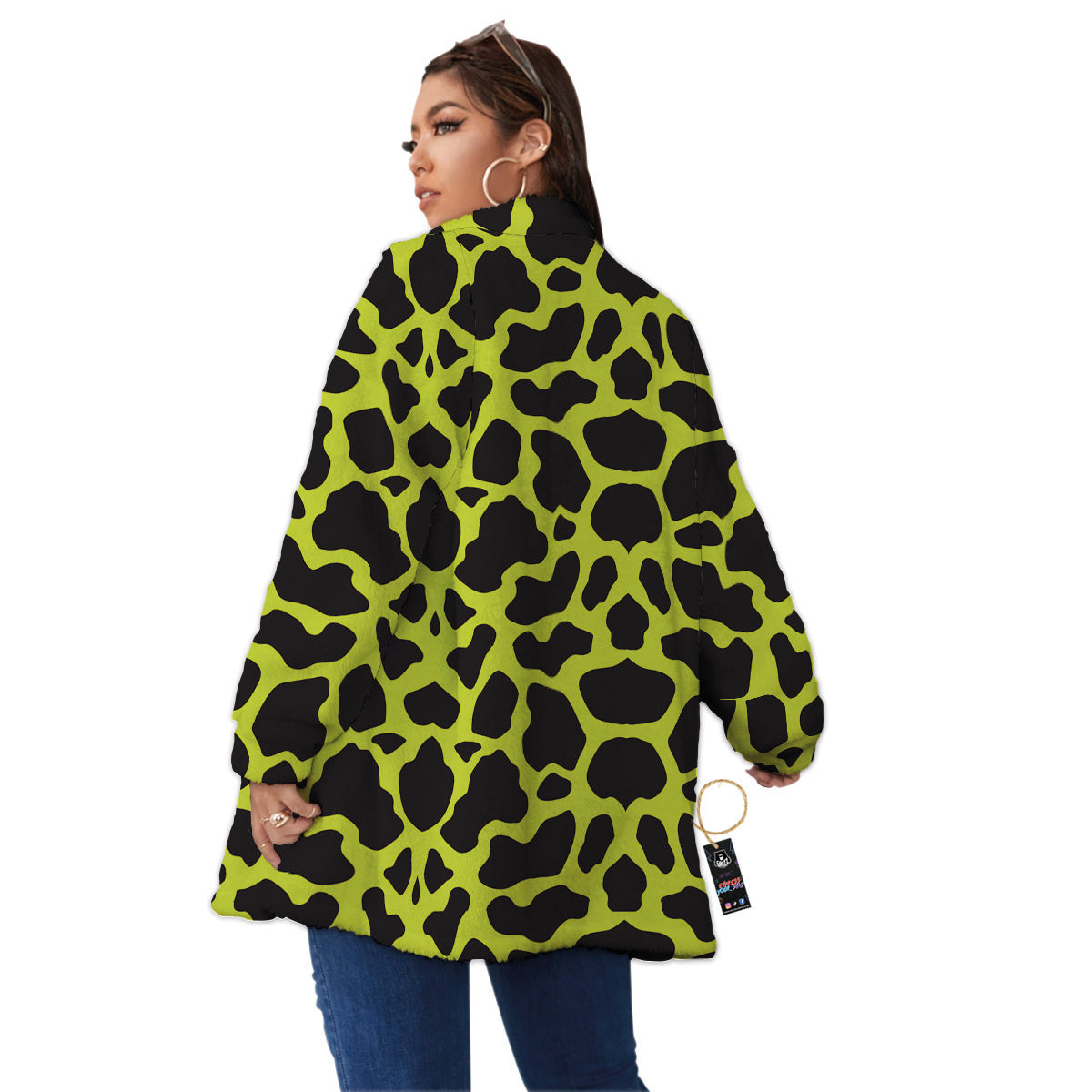 Cow Black And Lime Green Print Pattern Women's Sherpa Jacket-grizzshop