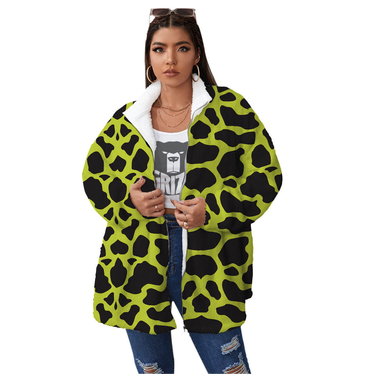 Cow Black And Lime Green Print Pattern Women's Sherpa Jacket-grizzshop