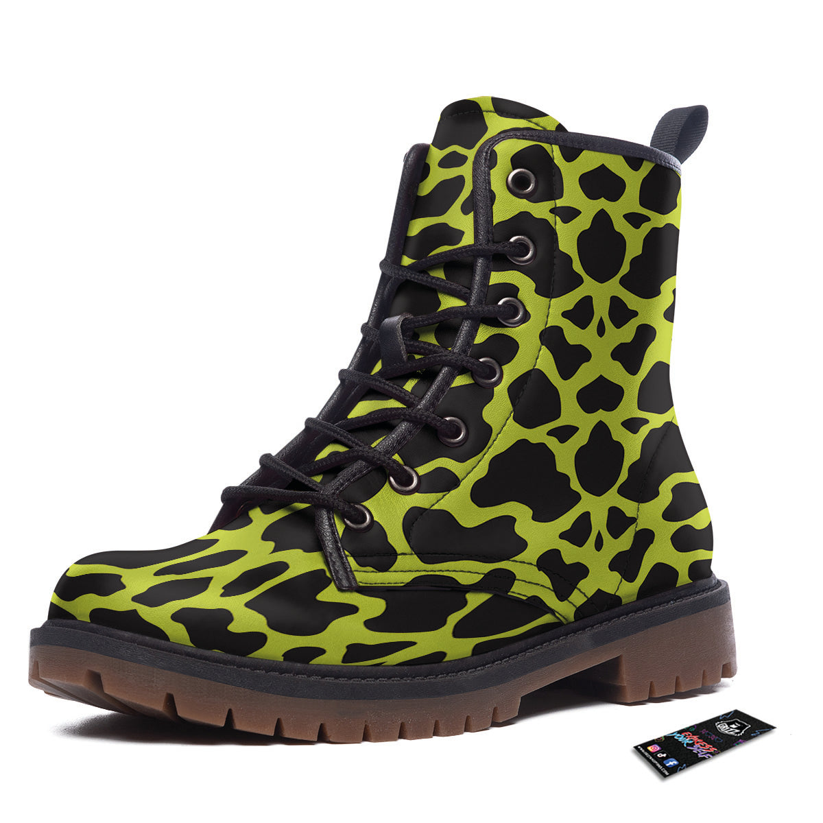 Cow Black And Lime Green Print Pattern Work Boots-grizzshop
