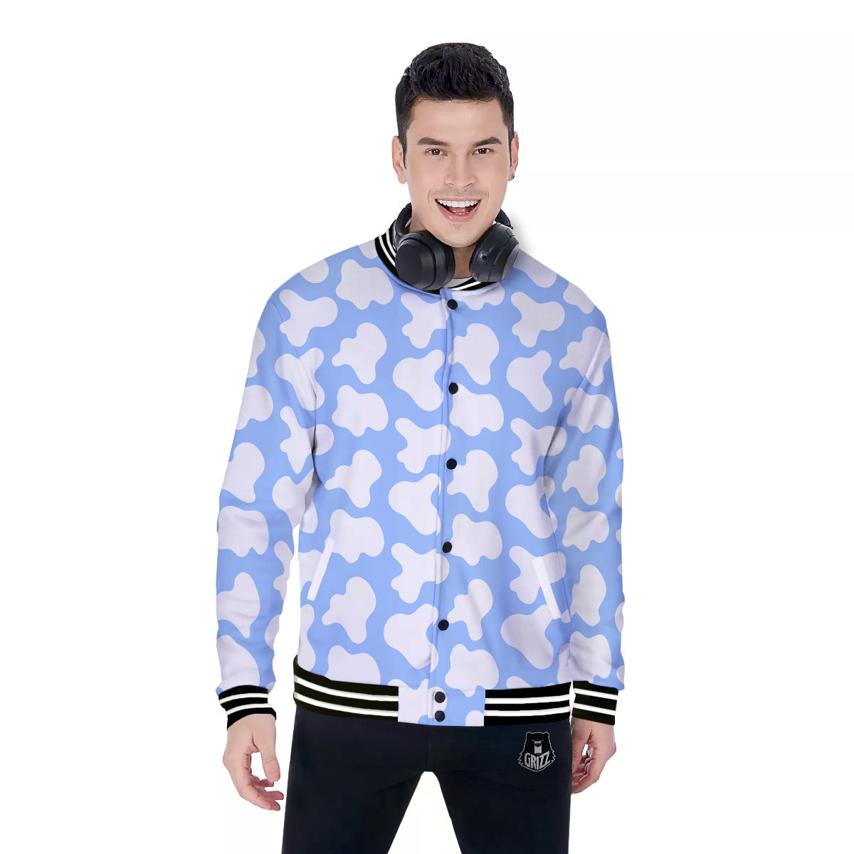 Cow Blue And White Print Pattern Baseball Jacket-grizzshop