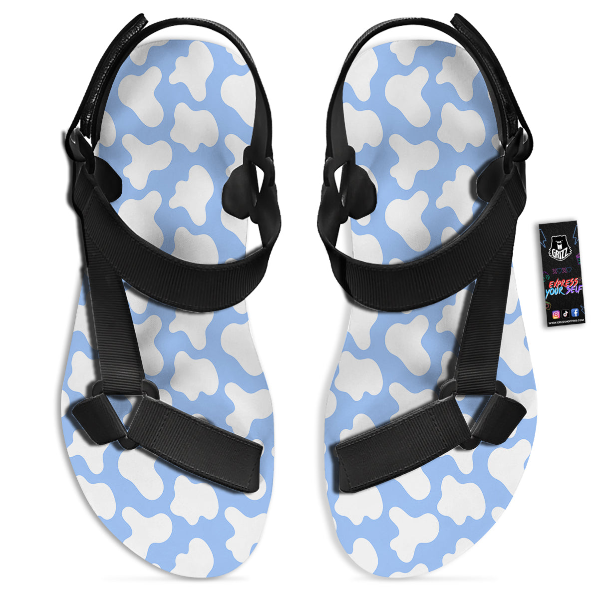 Cow Blue And White Print Pattern Black Open Toe Sandals-grizzshop