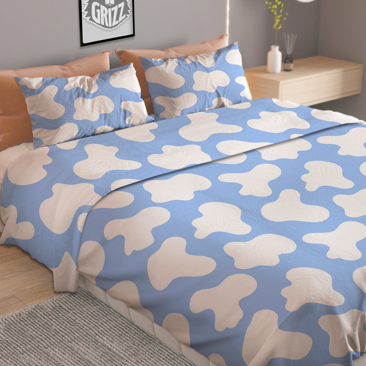 Cow Blue And White Print Pattern Duvet Cover Bedding Set