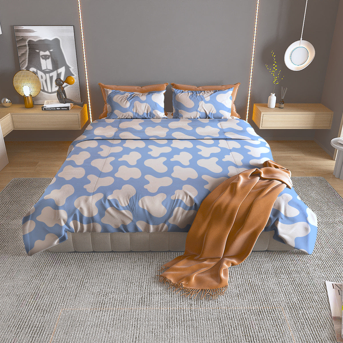 Cow Blue And White Print Pattern Duvet Cover Bedding Set