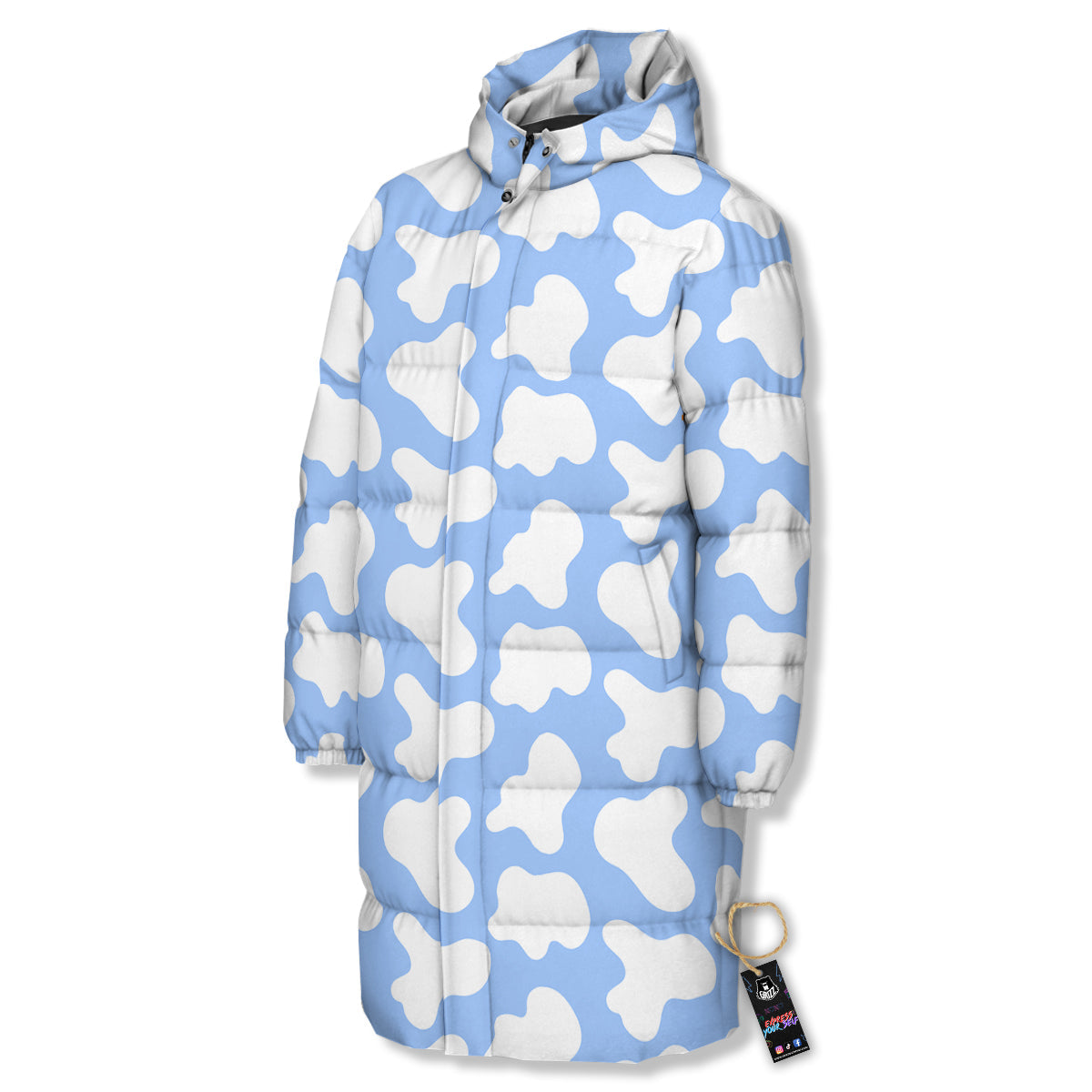 Cow Blue And White Print Pattern Long Down Jacket-grizzshop