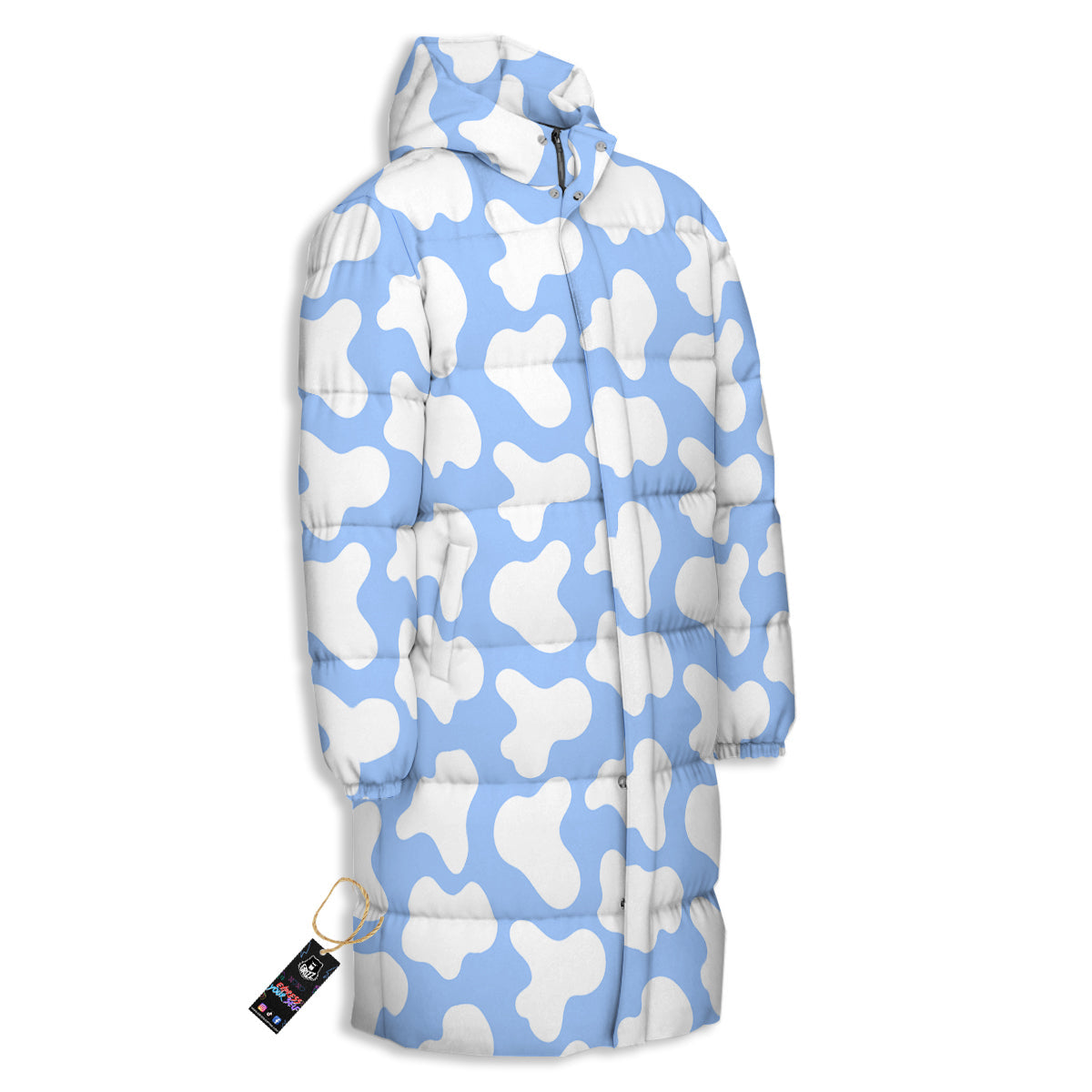 Cow Blue And White Print Pattern Long Down Jacket-grizzshop