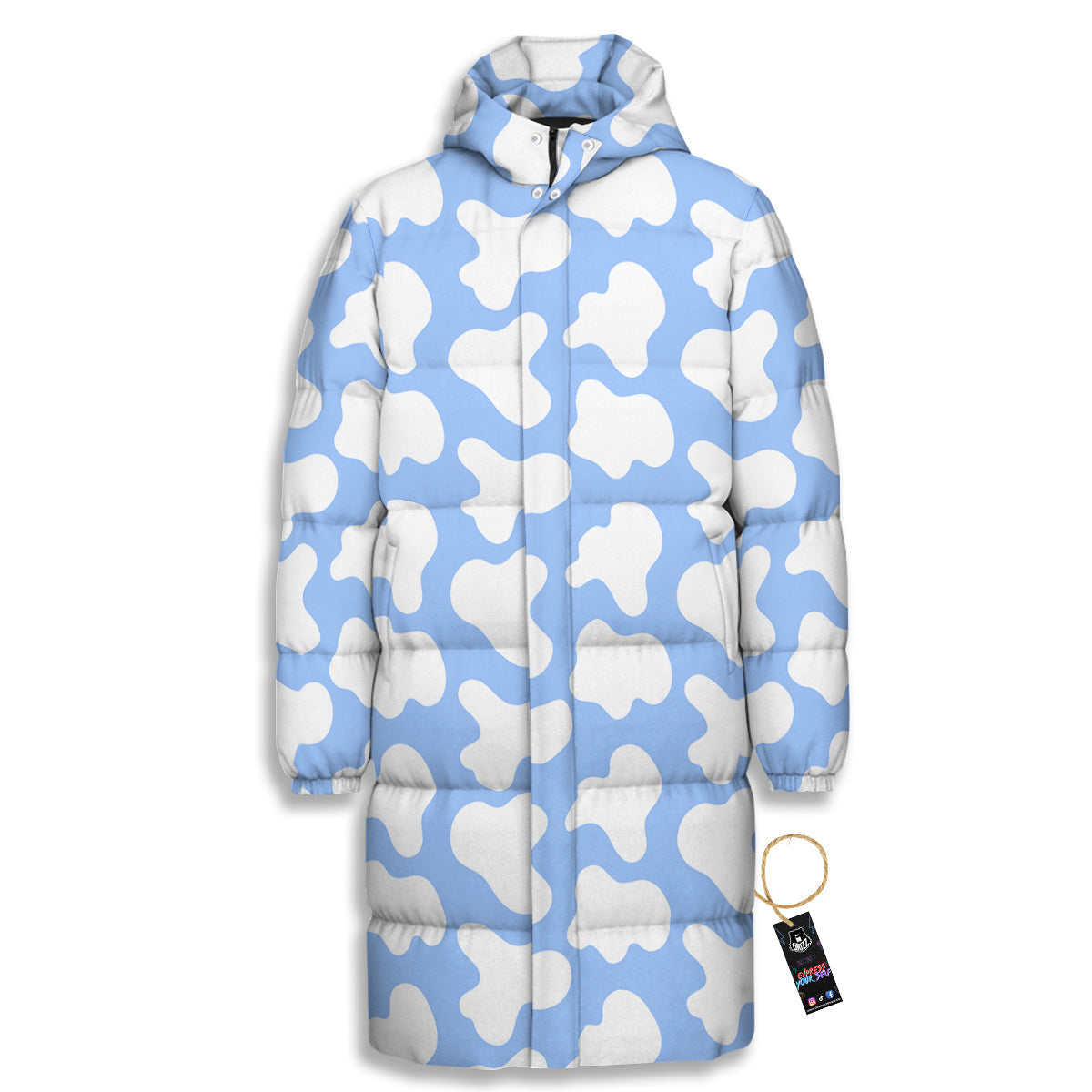 Cow Blue And White Print Pattern Long Down Jacket-grizzshop