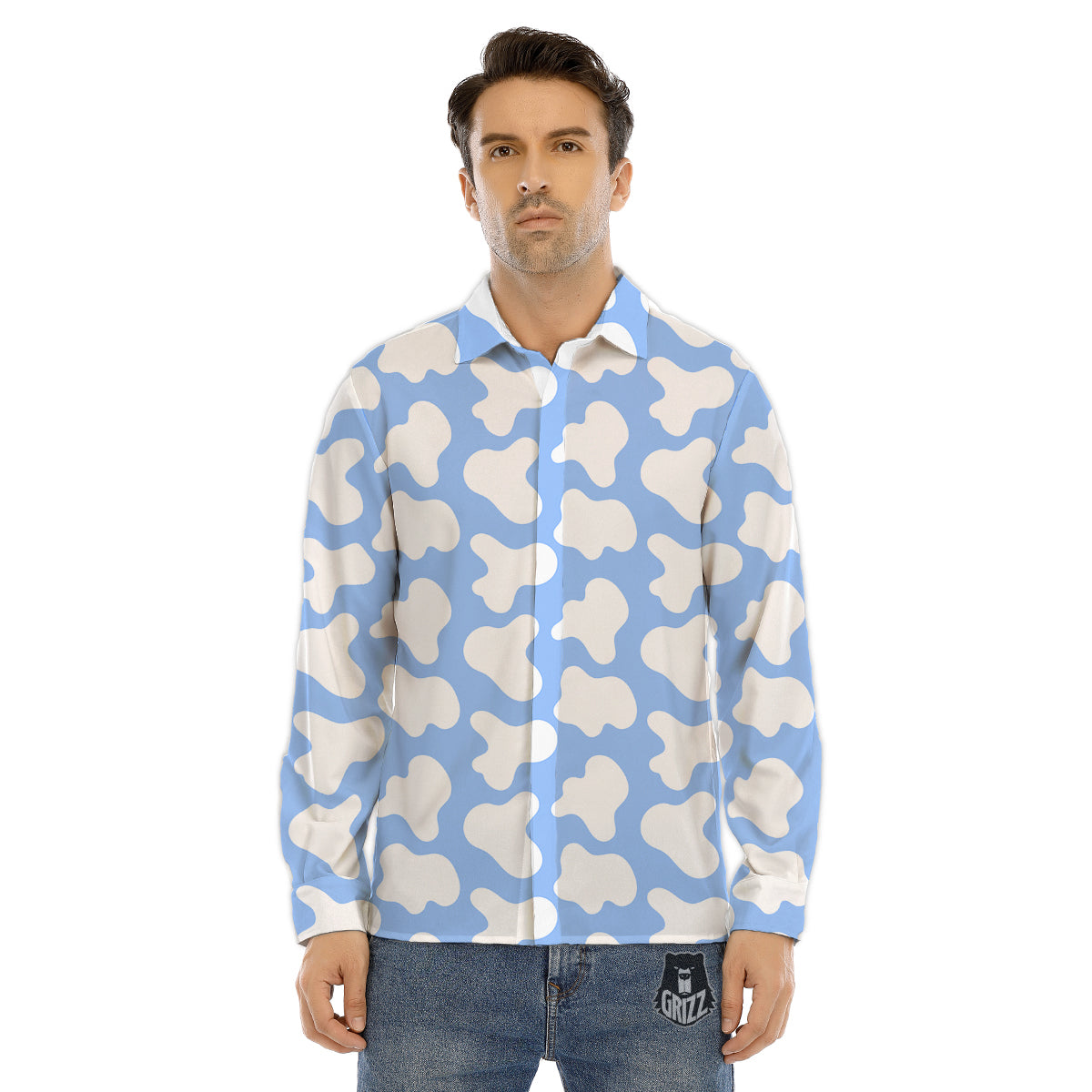 Cow Blue And White Print Pattern Men's Dress Shirts-grizzshop