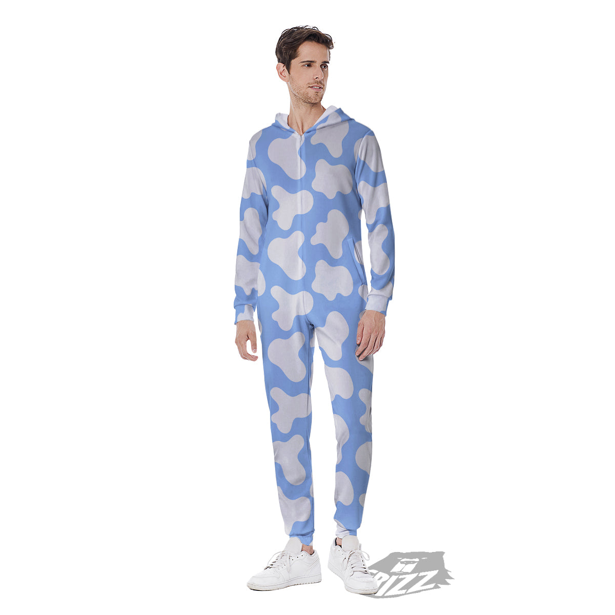 Cow Blue And White Print Pattern Men's Jumpsuit-grizzshop