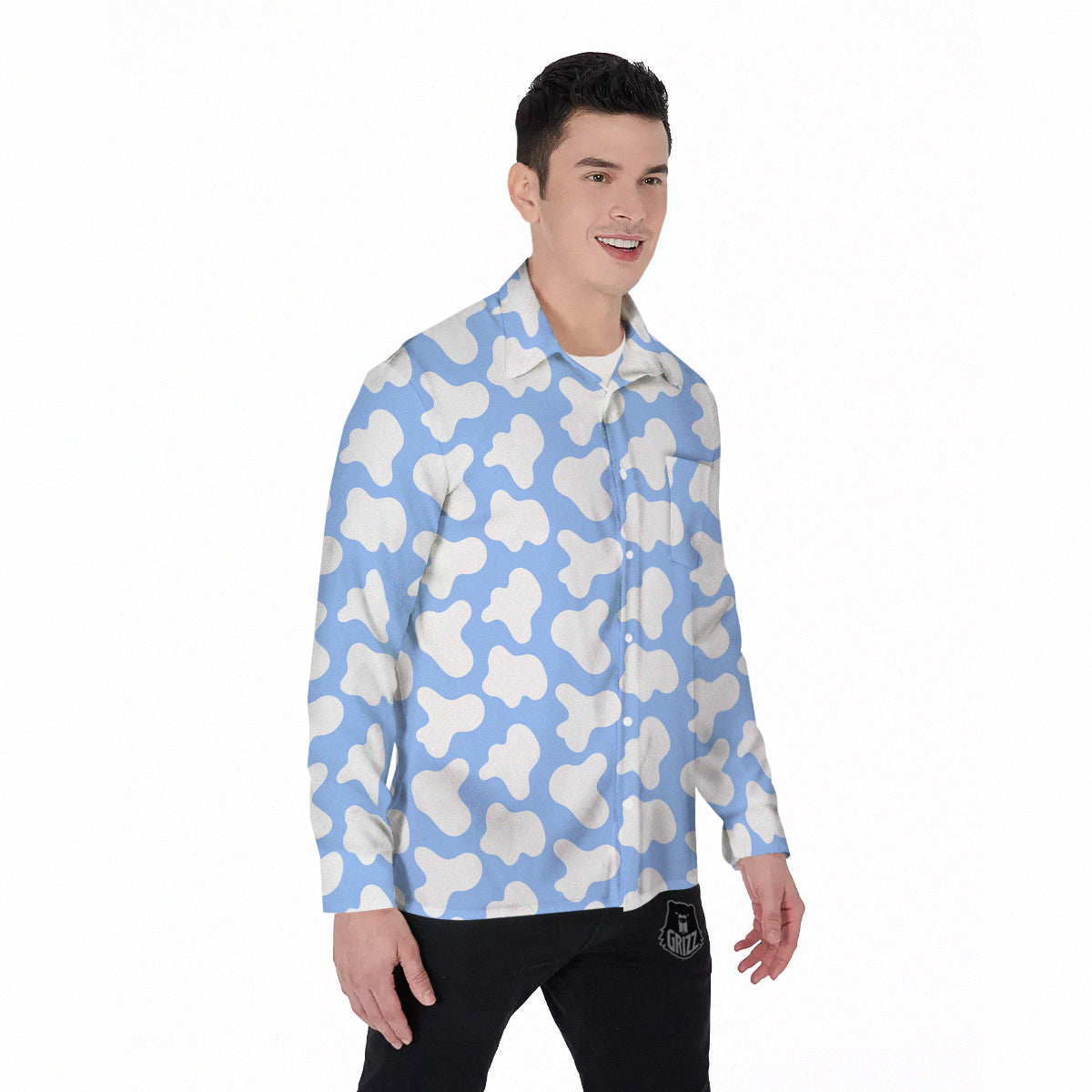 Cow Blue And White Print Pattern Men's Long Sleeve Shirts-grizzshop