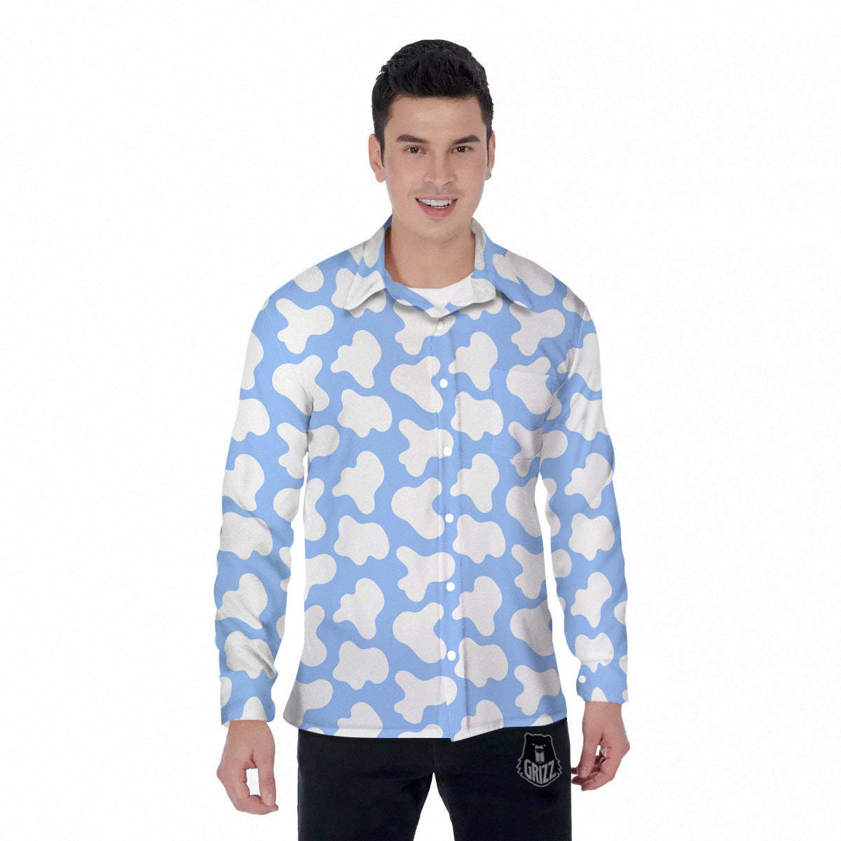Cow Blue And White Print Pattern Men's Long Sleeve Shirts-grizzshop