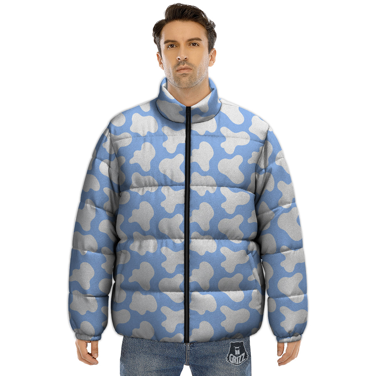 Cow Blue And White Print Pattern Puffer Jacket-grizzshop