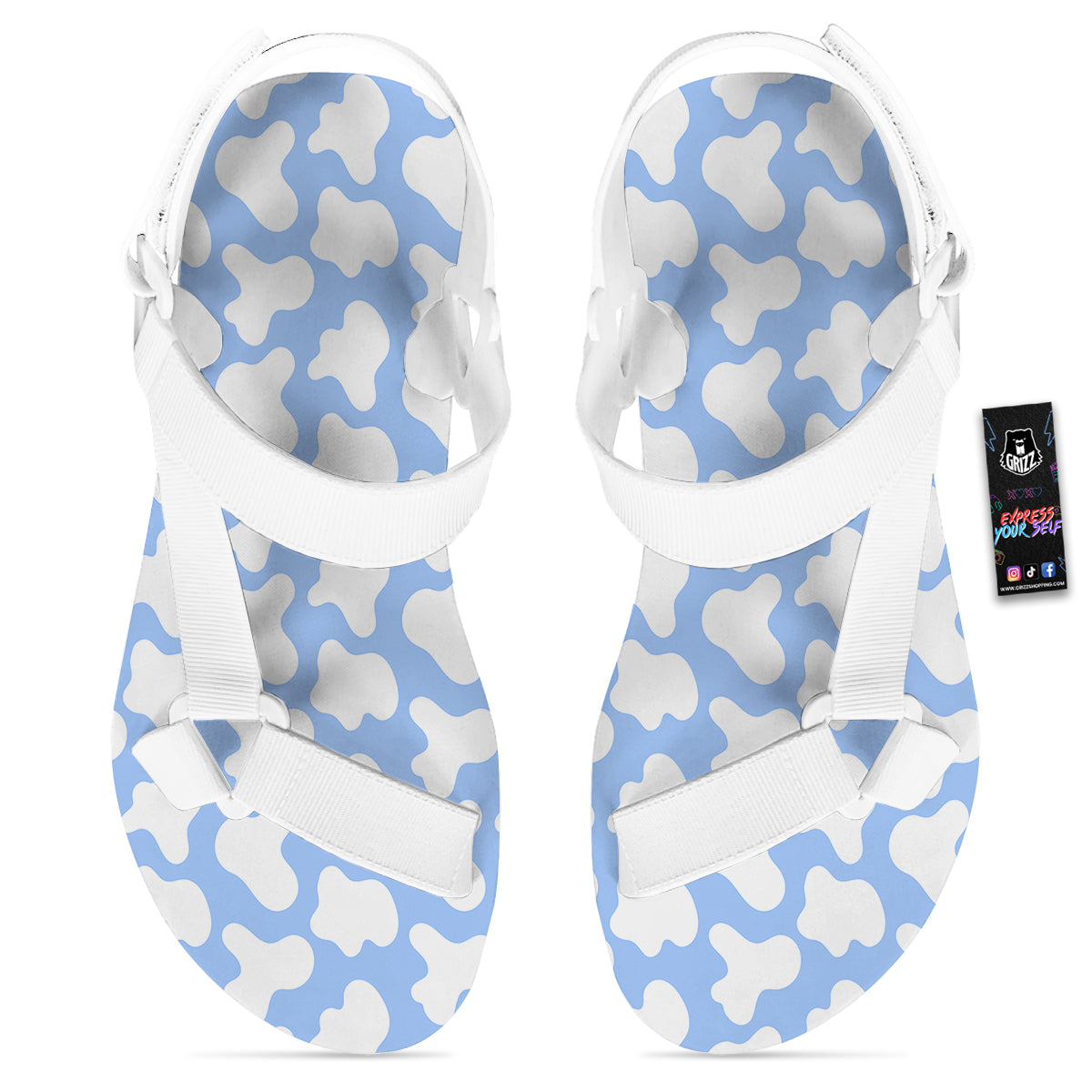 Cow Blue And White Print Pattern White Open Toe Sandals-grizzshop