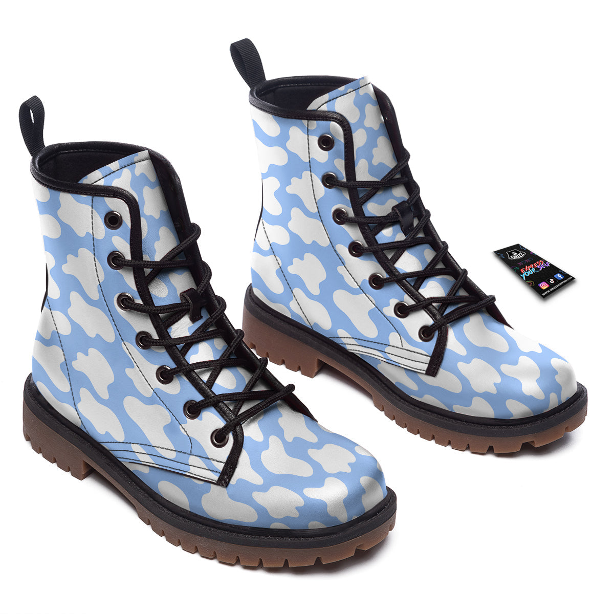 Cow Blue And White Print Pattern Work Boots-grizzshop