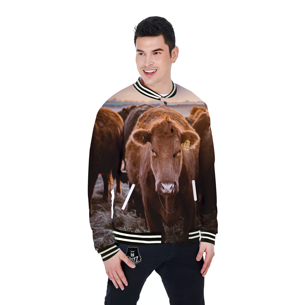 Cow Brown Print Baseball Jacket-grizzshop