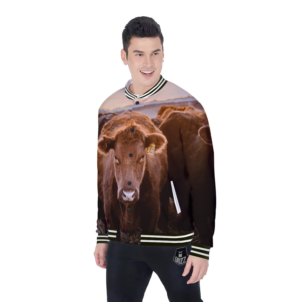 Cow Brown Print Baseball Jacket-grizzshop