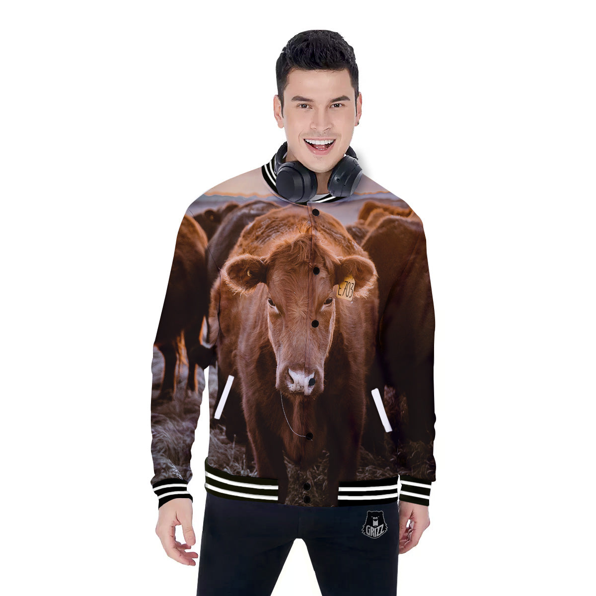 Cow Brown Print Baseball Jacket-grizzshop