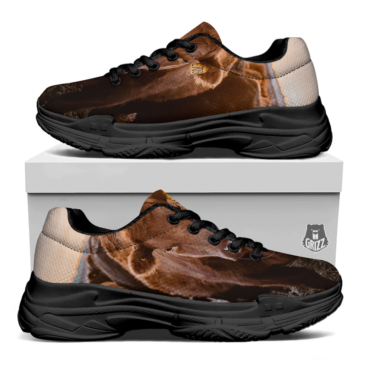 Cow Brown Print Black Chunky Shoes-grizzshop