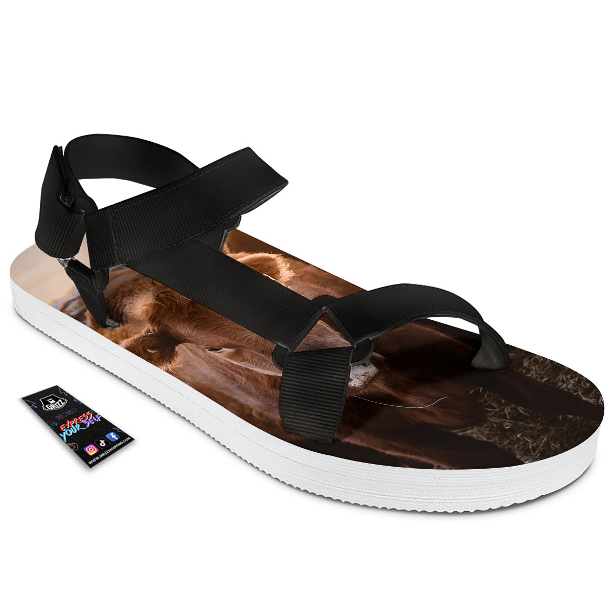 Cow Brown Print Black Open Toe Sandals-grizzshop