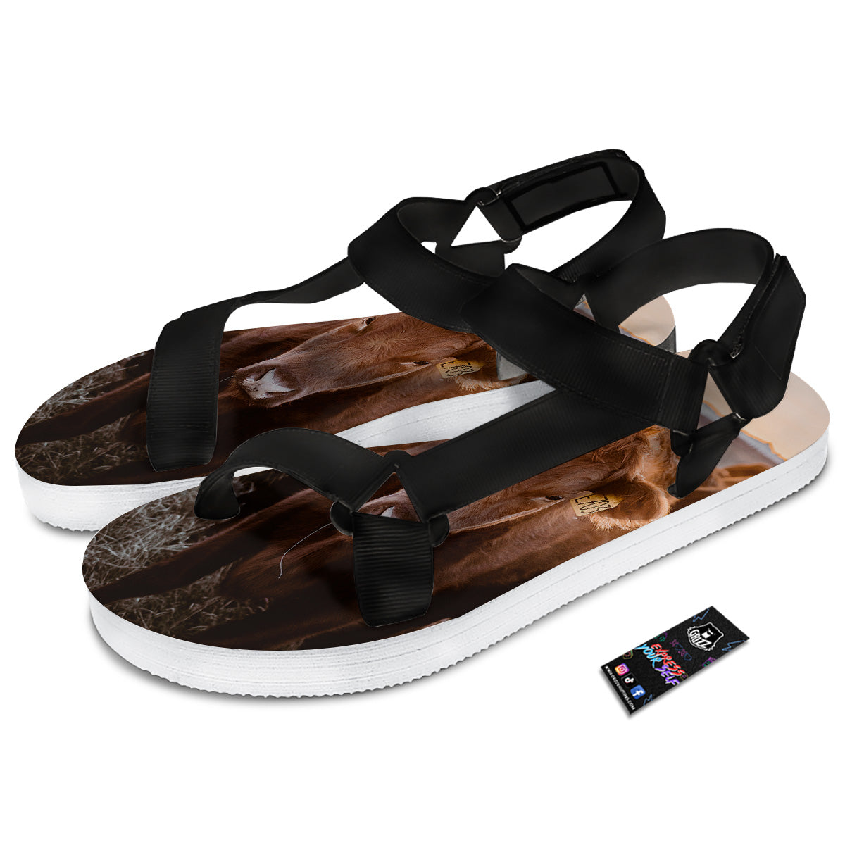 Cow Brown Print Black Open Toe Sandals-grizzshop