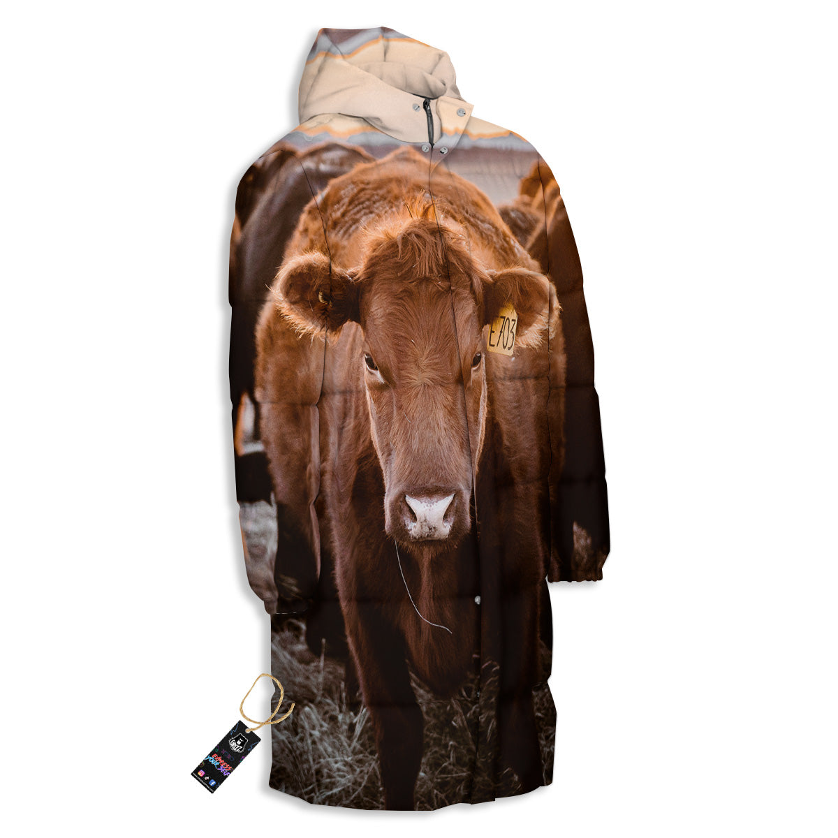 Cow Brown Print Long Down Jacket-grizzshop