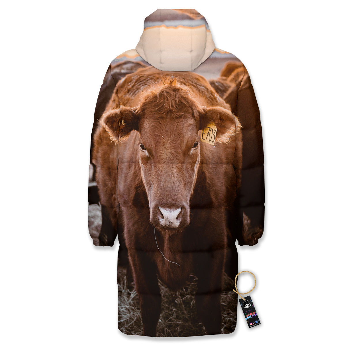 Cow Brown Print Long Down Jacket-grizzshop