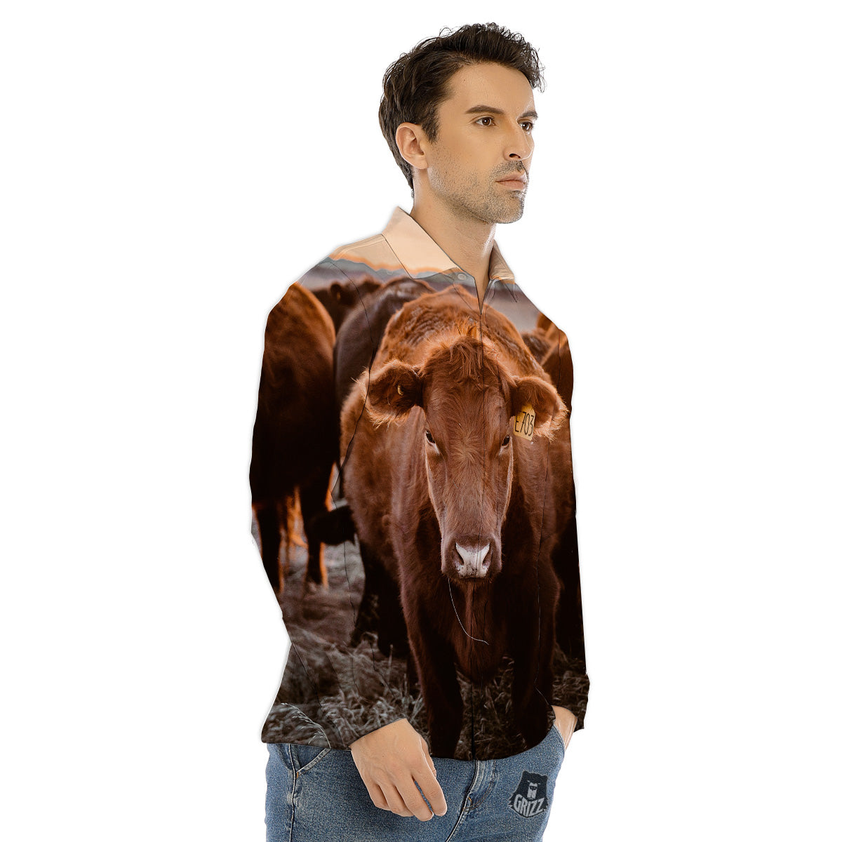 Cow Brown Print Men's Dress Shirts-grizzshop