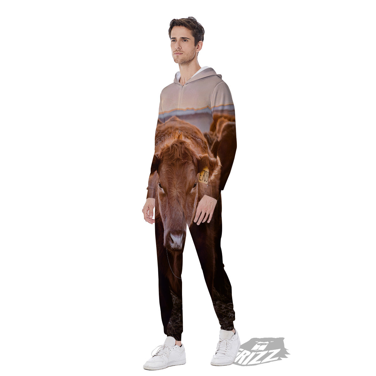 Cow Brown Print Men's Jumpsuit-grizzshop