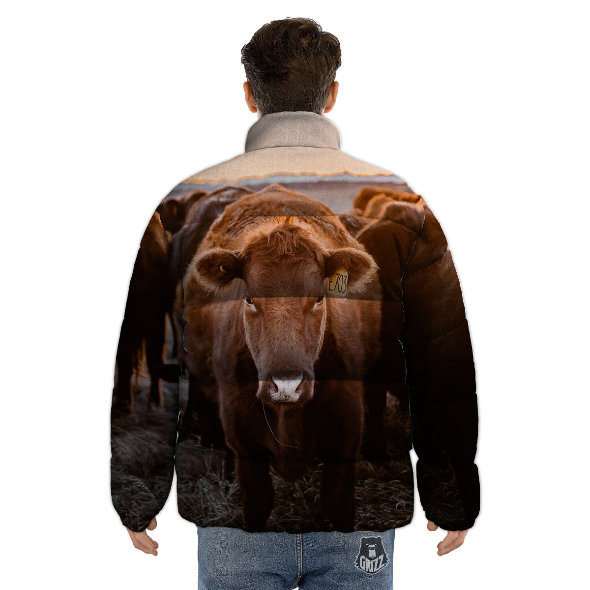 Cow Brown Print Puffer Jacket-grizzshop