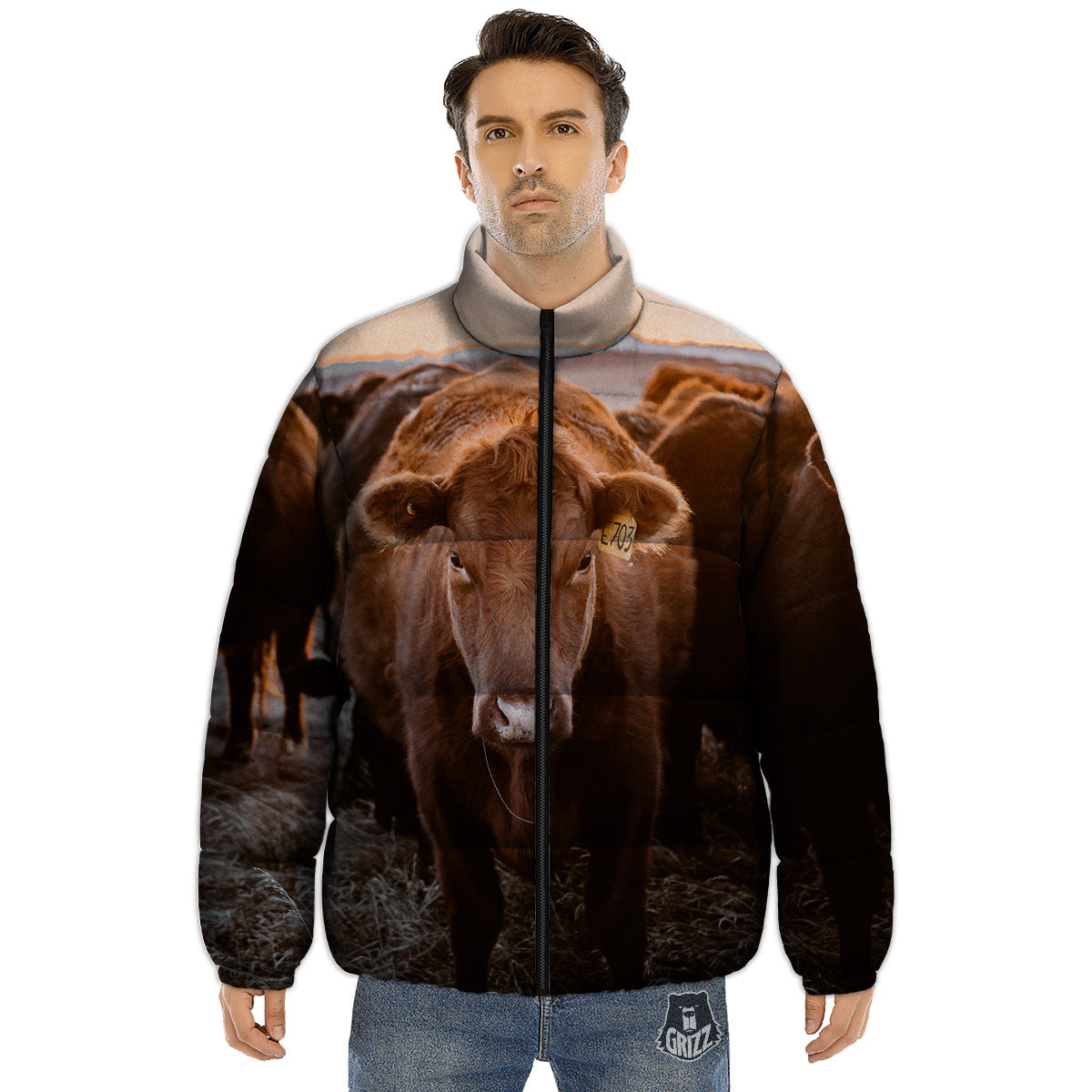 Cow Brown Print Puffer Jacket-grizzshop