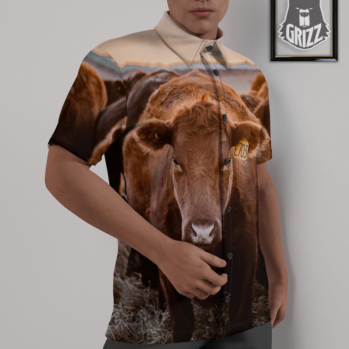 Cow Brown Print Untucked Shirts-grizzshop