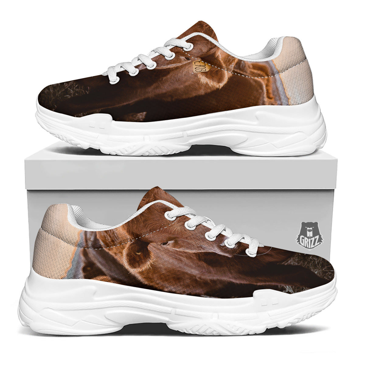 Cow Brown Print White Chunky Shoes-grizzshop