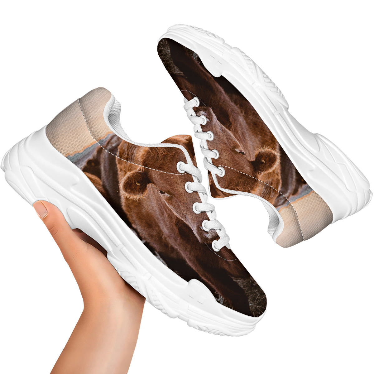 Cow Brown Print White Chunky Shoes-grizzshop