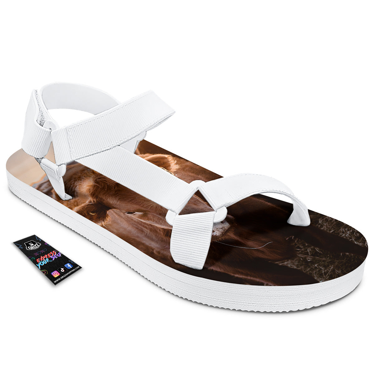Cow Brown Print White Open Toe Sandals-grizzshop