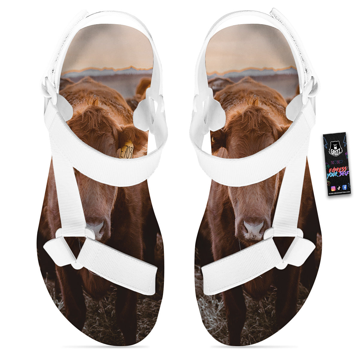 Cow Brown Print White Open Toe Sandals-grizzshop
