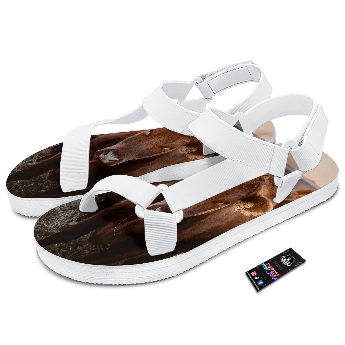 Cow Brown Print White Open Toe Sandals-grizzshop