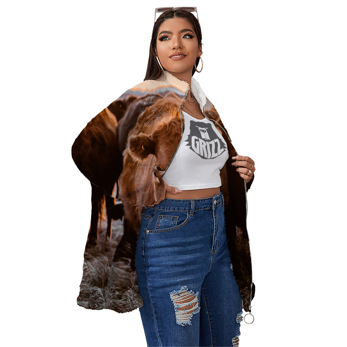 Cow Brown Print Women's Sherpa Jacket-grizzshop