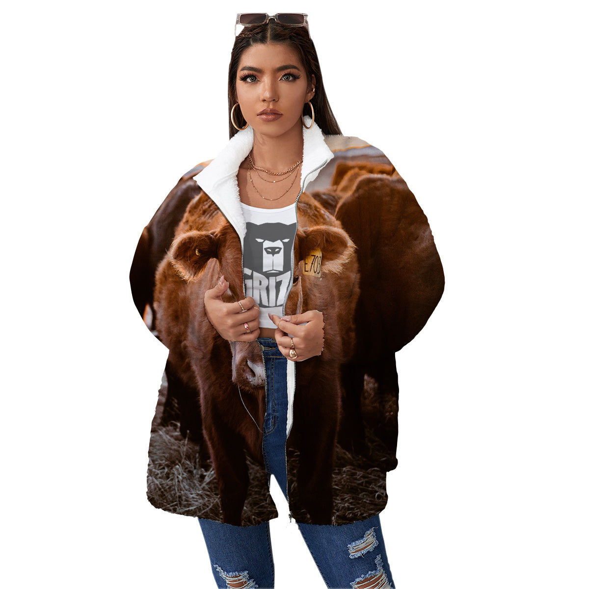 Cow Brown Print Women's Sherpa Jacket-grizzshop
