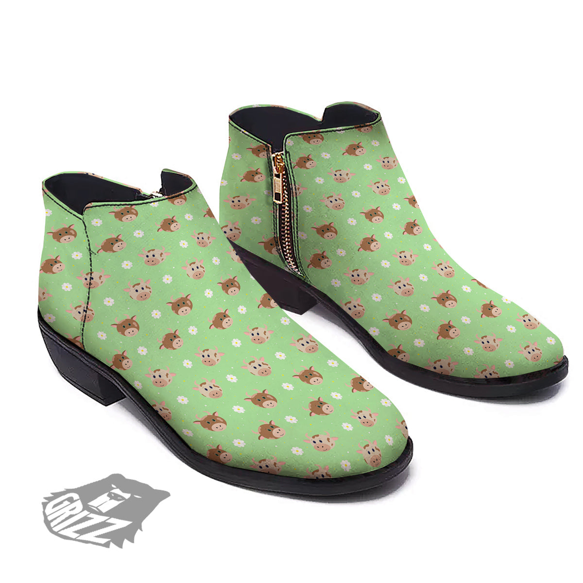 Cow Cartoon And Daisy Flower Print Ankle Boots-grizzshop