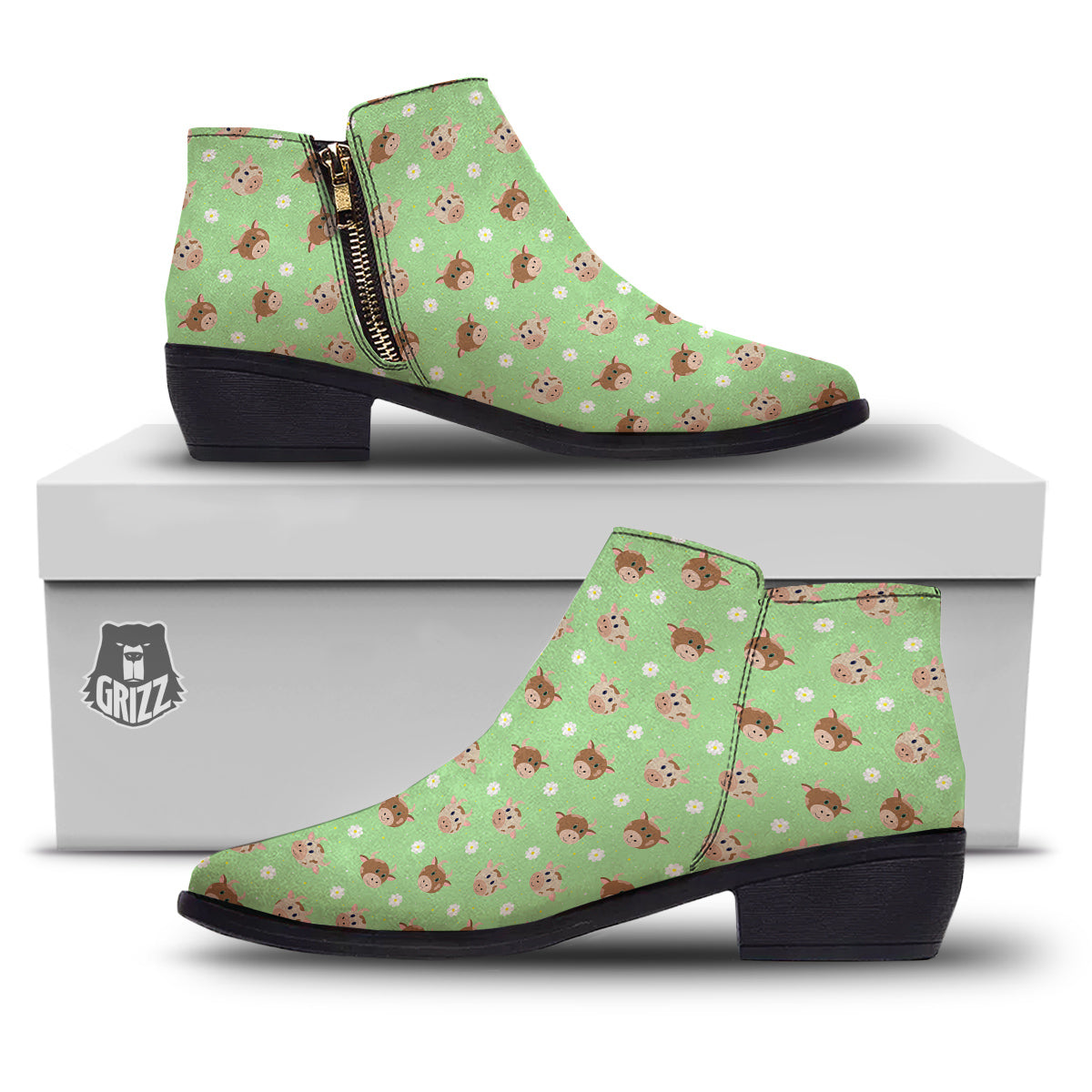 Cow Cartoon And Daisy Flower Print Ankle Boots-grizzshop