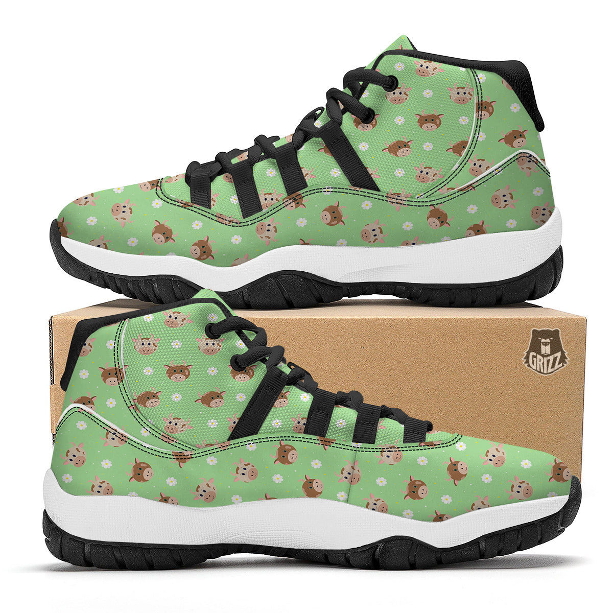 Cow Cartoon And Daisy Flower Print Black Bball Shoes-grizzshop