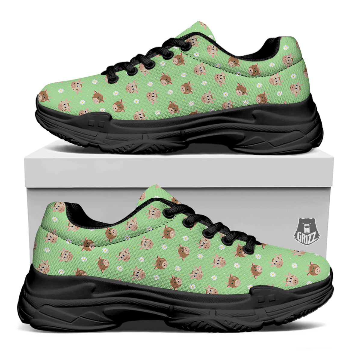 Cow Cartoon And Daisy Flower Print Black Chunky Shoes-grizzshop