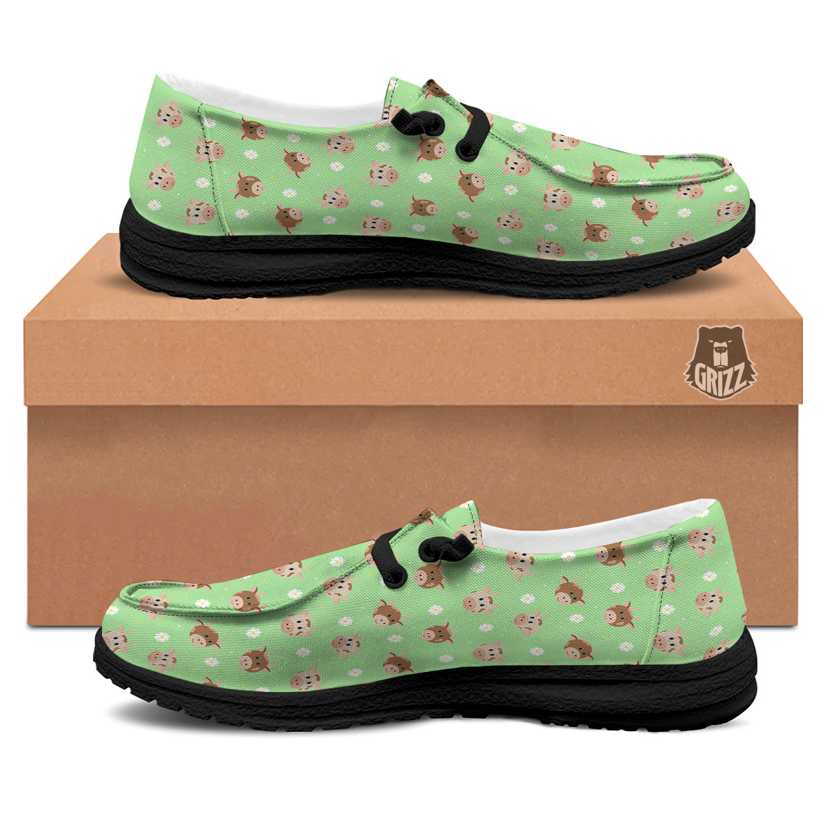 Cow Cartoon And Daisy Flower Print Black Loafers-grizzshop