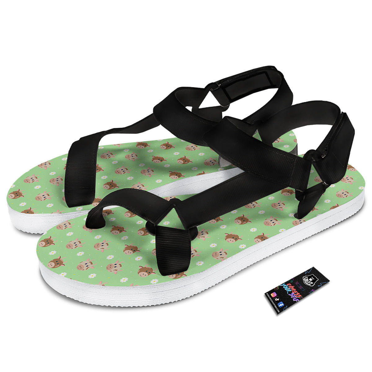 Cow Cartoon And Daisy Flower Print Black Open Toe Sandals-grizzshop