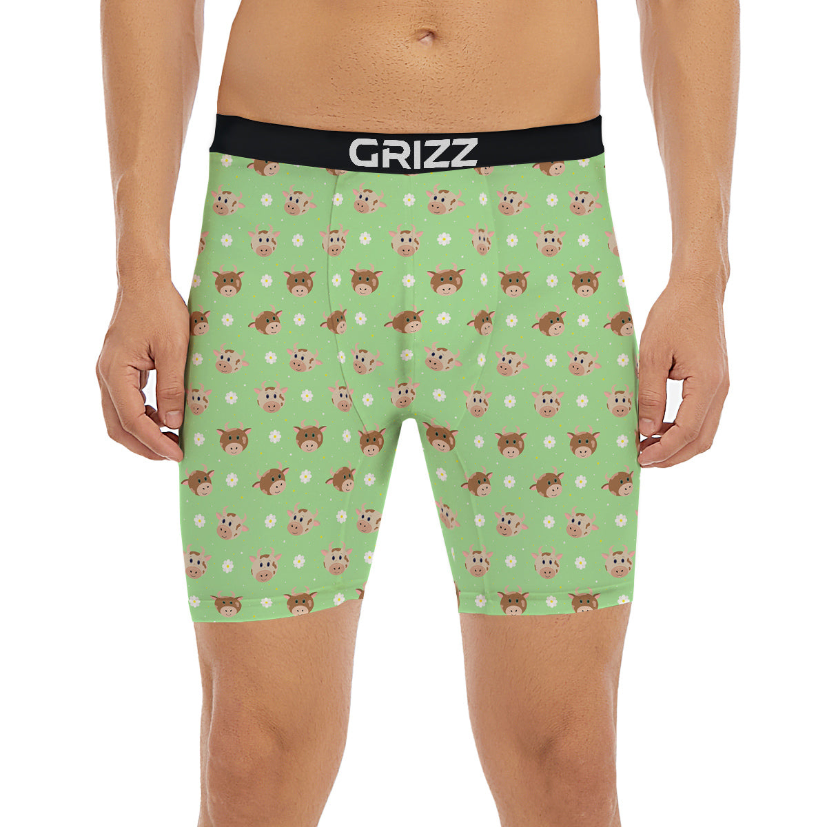 Cow Cartoon And Daisy Flower Print Boxer Briefs-grizzshop