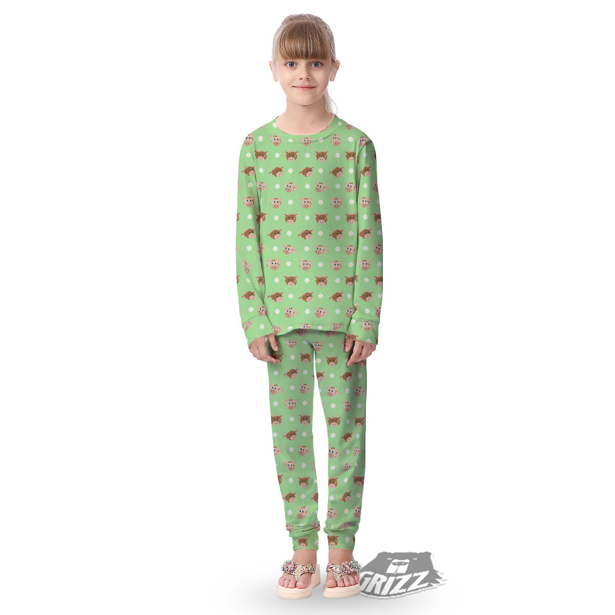 Cow Cartoon And Daisy Flower Print Kid's Pajamas-grizzshop